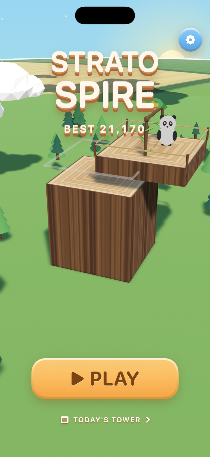 The Stratospire home screen on an iPhone: the logo over a wooden tower, a panda on the lift, PLAY below
